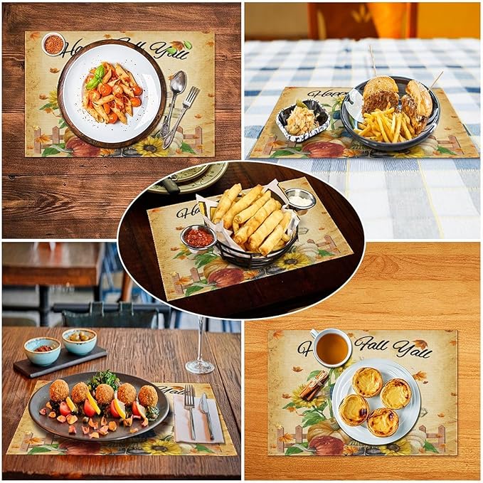 Autumn Scarecrow Placemats Farmhouse Rustic Vintage Brown Sunflower Pumpkin Flower Maple Thanksgiving Placemats Table Kitchen Dining Party 12x18 Inch Set of 6