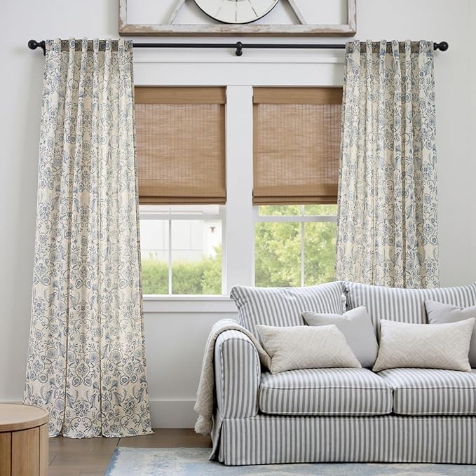jinchan Linen Floral Curtains for Living Room with Printed Flower 96 Inches Long Light Filtering Farmhouse Window Treatment Vintage Drapes Back Tab Rod Pocket 2 Panels Blue on Beige
