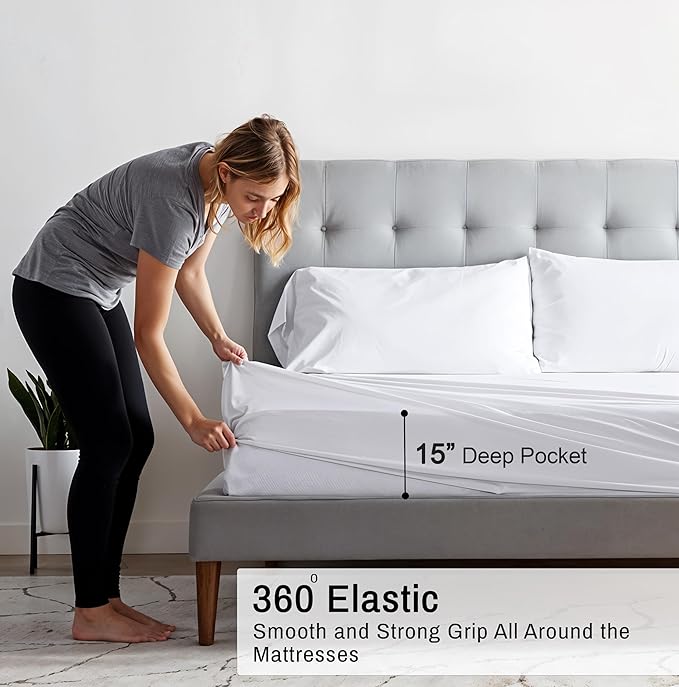 RUVANTI 100% Organic Cotton Sheets Queen Size, Percale Weave, GOTS Certified, 4-Piece Set, Deep Pocket 15", Crisp & Breathable, Soft Durable Bedding, Sábanas Algodón Orgánico – Bright White