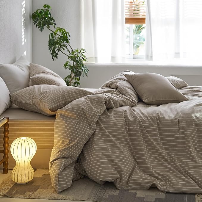 MooMee Striped Duvet Cover Set 100% Washed Cotton Linen Like Textured Breathable Durable Soft Comfy (Tannish Linen Grey White Wide Stripes, Full 80"x90")