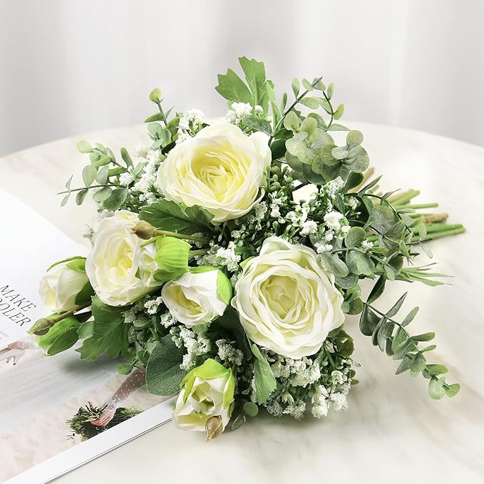 DEEMEI Artificial Babys Breath Flowers Silk White Peony Roses Eucalyptus Leaves Wedding Bridal Bouquets for Table Centerpieces (2 Bundles)