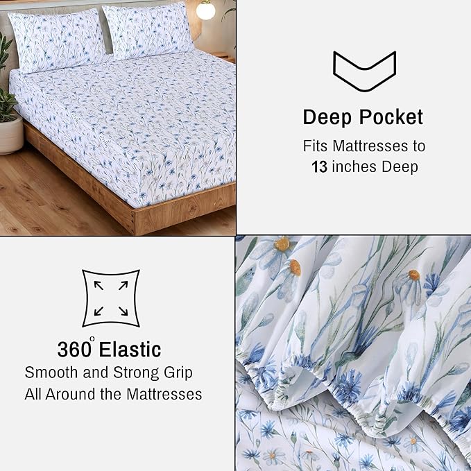 RUVANTI 100% Organic Cotton Sheets California King, Percale Weave, GOTS Certified, 4-Piece Set, Deep Pocket 13", Crisp & Breathable, Soft Durable Bedding, Sábanas Algodón Orgánico – Daisy Bud