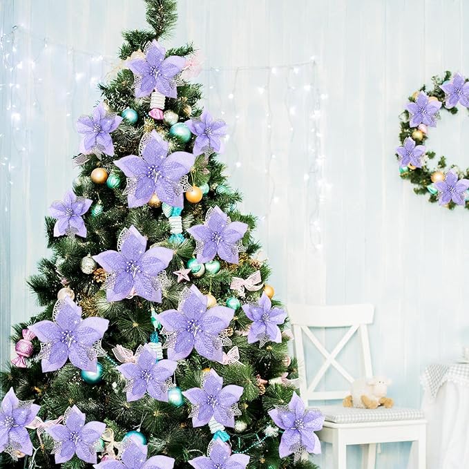 Boao 24 Pieces Christmas Artificial Glitter Poinsettia Flowers Xmas Flowers Wedding Christmas Tree New Year Ornaments(Purple)
