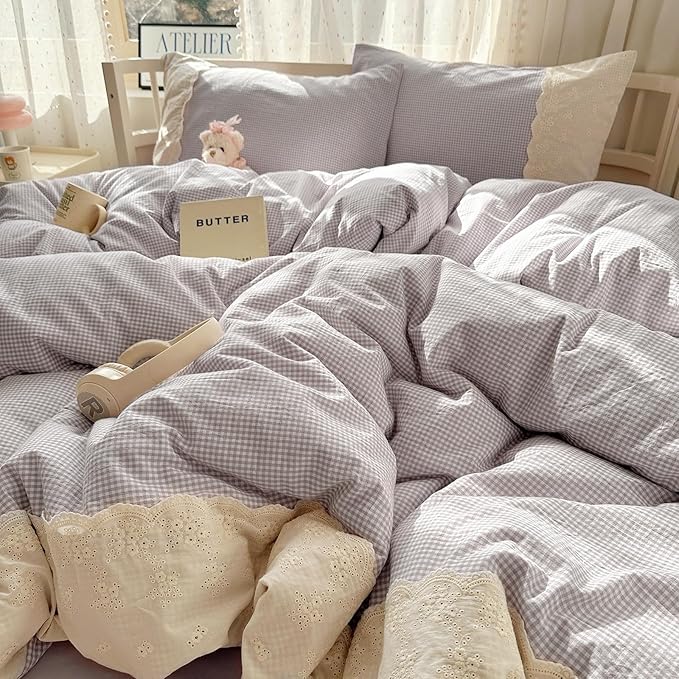 LifeTB Purple Gingham Comforter Set Twin XL Fluffy Soft Princess Style Girls Lace Bedding Set Cottagecore Cute Plaid Checkered Comforter with 2 Pillowcases Chic Gingham Bedding Grid Comforter Set