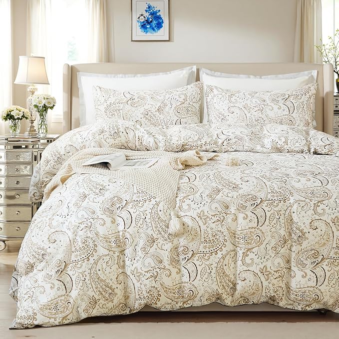 100% Cotton Duvet Cover King Size- 3 Pcs Grey Paisley Comforter Cover, Soft & Breathable Floral Bedding Duvet Cover Sets with Zipper Closure for All Season