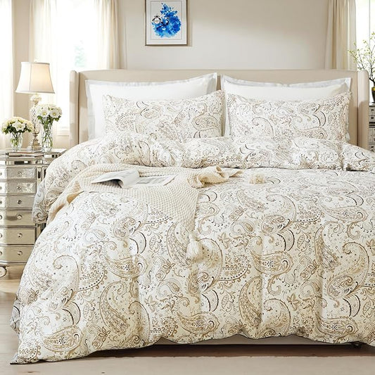 100% Cotton Duvet Cover King Size- 3 Pcs Grey Paisley Comforter Cover, Soft & Breathable Floral Bedding Duvet Cover Sets with Zipper Closure for All Season
