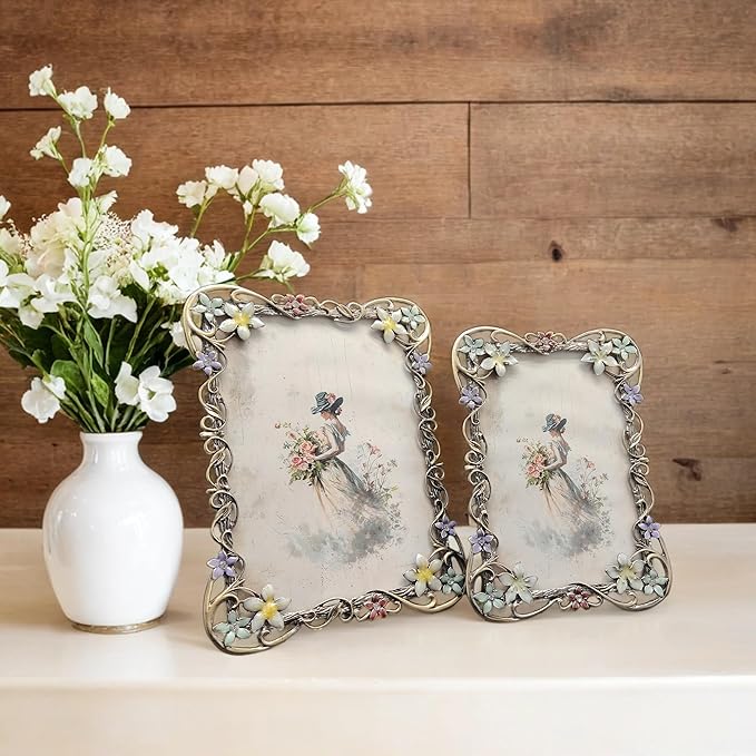 Vintage 4X6 Floral Picture Frames Luxury Unique Ornate Antique Metal Photo Frame of HD Glass for Tabletop/Wall Display Gifts for Women (Retro Colored Flowers)