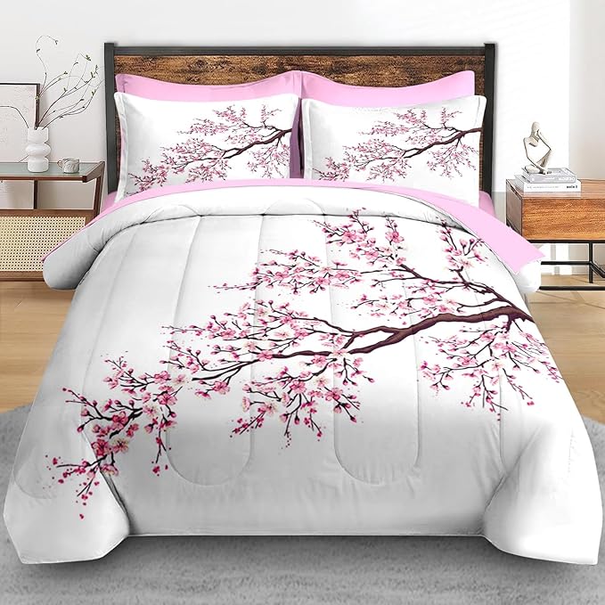 Comforter Set King Size, Japanese Cherry Blossom 7 Pcs Bedding for Kids and Adults, Flower Painting Pink Bed Sheet Sets with Fitted Sheet 2 Pillowcase & 2 Sham for Bedroom Bed Decor