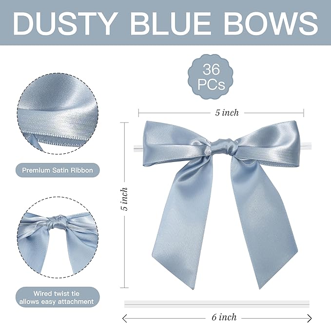 Dusty Blue Satin Ribbon Twist Tie Bows 5 Inch Pre-Tied Blue Gift Bows for Crafts, Treat Bags, Party Favors, Wedding, Baby Shower, Candy Apple, Christmas Tree (36 Pack)