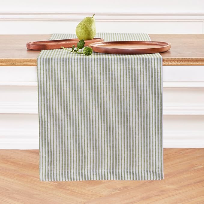 Solino Home Linen Table Runner 90 Inches Long - Narrow Stripe, 100% Pure Linen Avocado and White Farmhouse Table Runner 14 x 90 Inch for Dining, Winter, Spring, St Patricks Day, Easter