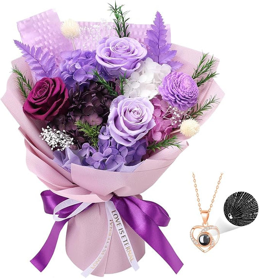 Preserved Flowers for Delivery, Purple Flower Bouquets with Necklace, Forever Real Roses Anniversary Birthday Gifts for Women Mom Wife Girlfriend, Fresh Flowers for Valentines Day Christmas