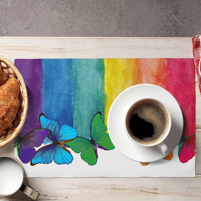 Rainbow Butterfly Placemats Set of 4,Colorful Butterfly Kids Girls Birthday Party Decor Washable for Kitchen Dining Table Heat Resistant Decorative Colth Table Mats 4 PCS, Style-2