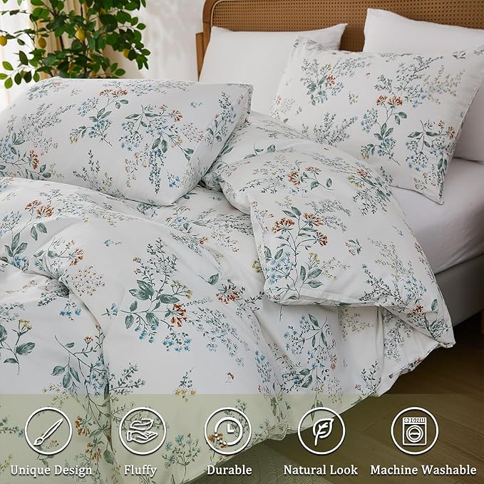 100% Cotton Duvet Cover Sets Queen Size Garden Chic Floral Duvet Cover with Zipper Closure Botanical Coquette Bedding Set Ultra Soft & Breathable