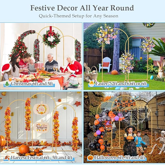 Antizz Arch Backdrop Stand,7.2FT, 6.6FT, 6FT Set of 3 Metal Gold Balloon Arch Stand Kit Wedding Arch Stand for Baby Shower Birthday Party Event Decoration Garden Floral Balloon Arch with Base