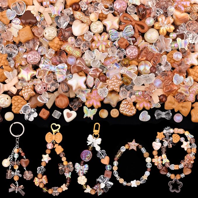 Assorted Acrylic Beads, 200-260PCS Brown Cute Beads for Bracelet Making, GummyBear Bow Flower Candy Kawaii Charms for Jewelry Making DIY Necklace Keychain Phone Charm Christmas Gift