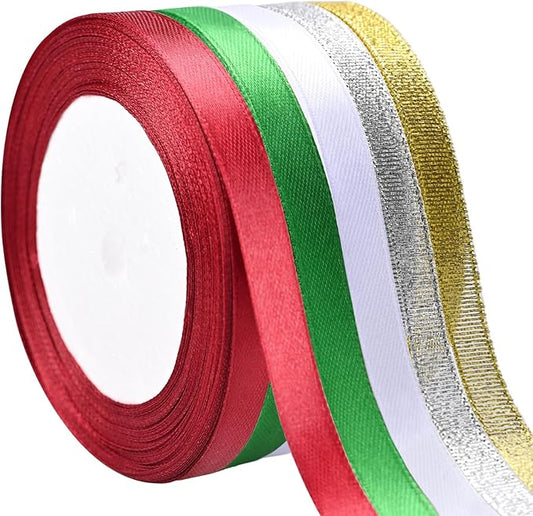 5 Rolls 125 Yards Christmas Ribbons, 10mm Wide Metallic Glitter Fabric Holiday Festival Satin Ribbons for Christmas Gift Wrapping Decoration