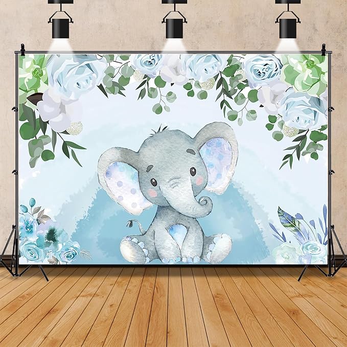 AOFOTO Flowers Baby Elephant Backdrop Light Blue 10x6.5ft Boy Gender Reveal Party Decorations Sweet Floral Baby Shower Photo Shoot Background for Photography Kids Child Birthday Photo Studio Props