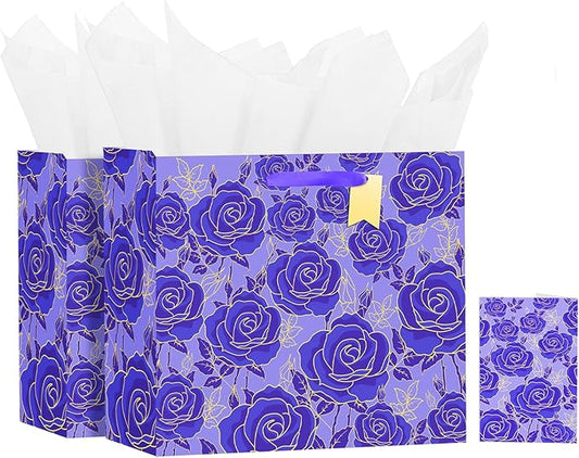 Bloomwords 13" Mother’s Day Gift Bags with Card Tissue(Rose Flower) - Birthdays, Valentine’s, Weddings, Anniversaries, Kit includes Card and Tissue Paper (Purple, 2 Piece)