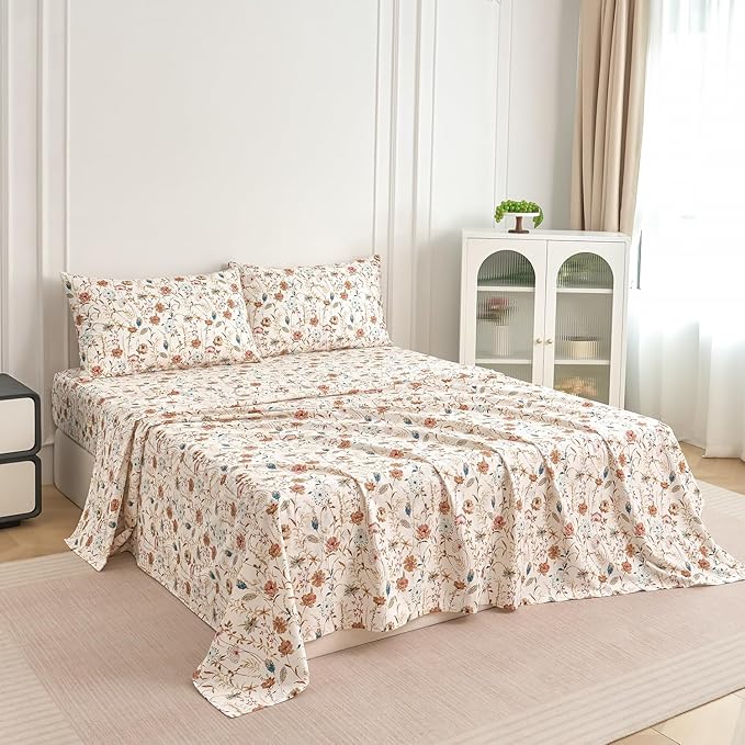 Zusbest Queen Sheets Set 100% Percale Cotton - Boho Floral Botanical Printed Bedding with Deep Pocket 17.5'', Vintage Burnt Orange & Teal Design, 4-Piece Soft Breathable Sheets