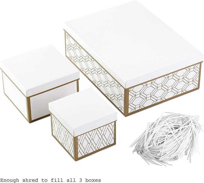 Hallmark Nested Gift Boxes with Lids and Fill (Set of 3, White and Gold, Assorted Sizes) for Weddings, Bridal Showers, Bridesmaids, Christmas, Hanukkah, Birthdays, Valentine's Day