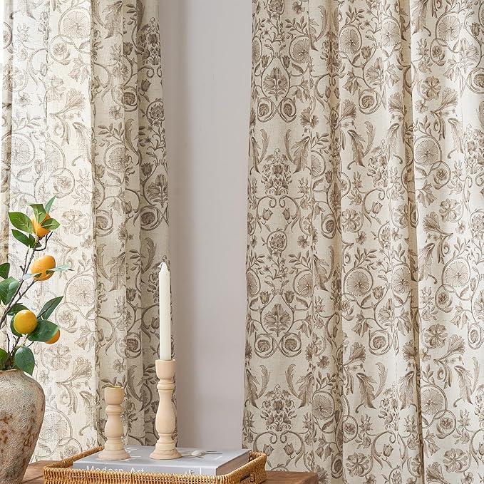 jinchan Linen Floral Curtains for Living Room with Printed Flower 63 Inches Long Light Filtering Farmhouse Window Treatment Vintage Short Drapes Back Tab Rod Pocket 2 Panels Taupe on Beige