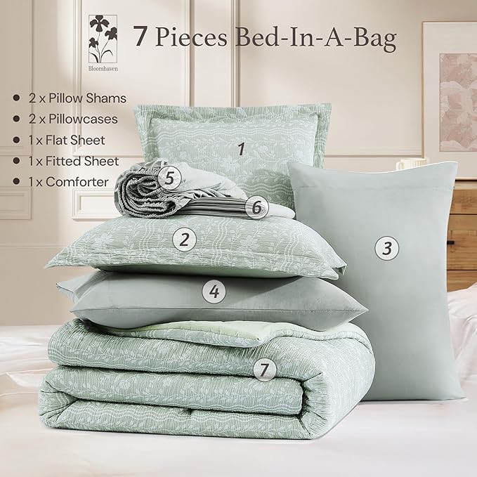 King Comforter Set -7 Pieces Green Floral Comforter Set for All Seasons, Bed in a Bag King with Botanical Flowers Comforter, Sheets, Pillowcases & Shams