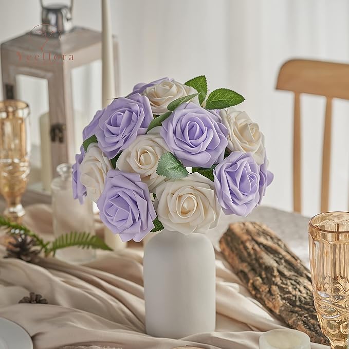 Artificial Flowers, 50pcs Artificial Rose for DIY Wedding Bouquets Centerpieces Arrangements, Champagne Foam Rose with Stem for Bridal Shower Party Home Decorations