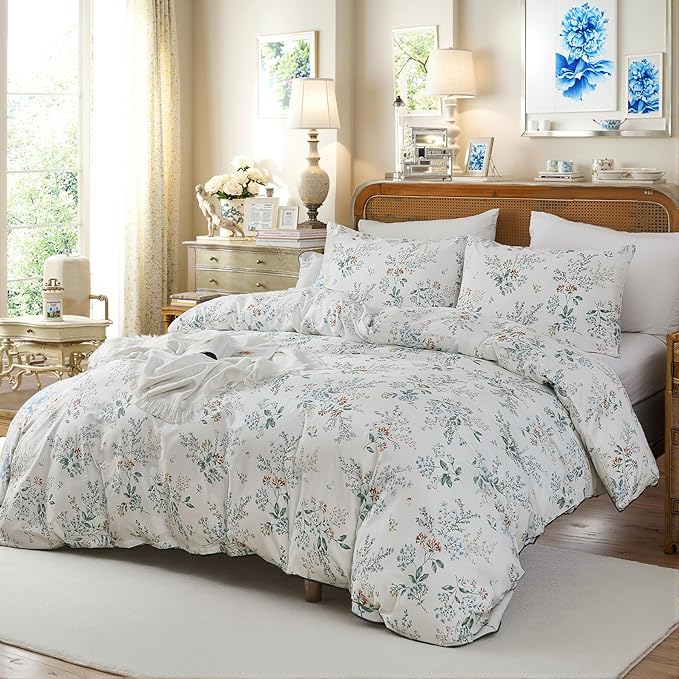 100% Cotton Duvet Cover Sets Queen Size Garden Chic Floral Duvet Cover with Zipper Closure Botanical Coquette Bedding Set Ultra Soft & Breathable
