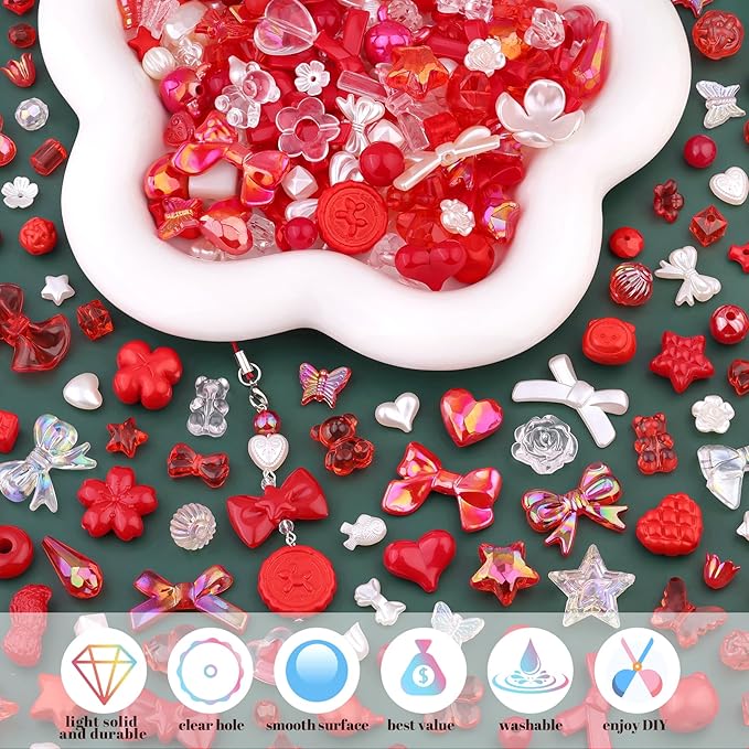 Assorted Acrylic Beads, 200-260PCS Red Cute Beads for Bracelet Making, GummyBear Bow Flower Candy Kawaii Charms for Jewelry Making DIY Necklace Keychain Phone Charm Christmas Gift