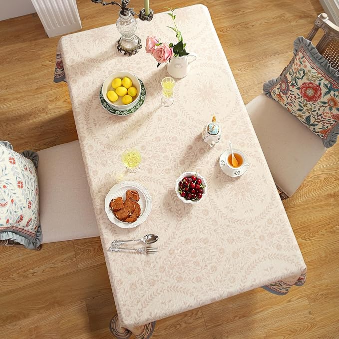 Beige Linen Rectangle Tablecloth,Vintage Indian Style Soft and Colorfast Floral Tablecloths,Decor Table Cover for Kitchen,Dining,Party,Thanksgiving,Christmas,63"*87"-Flowershadow E