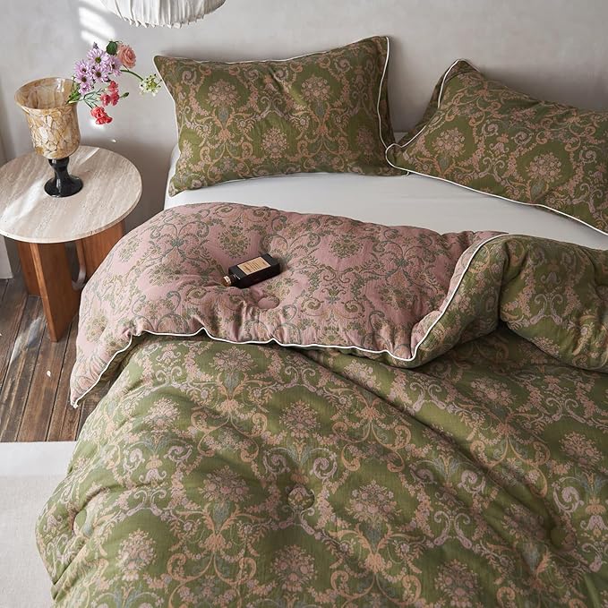 HighBuy Full Comforter Set Olive Green Paisley Floral Comforters Full Size Luxury Soft Muslin Cotton for All Seasons Floral Bedding Set with Comforters,2 Pillowcases,Breathable
