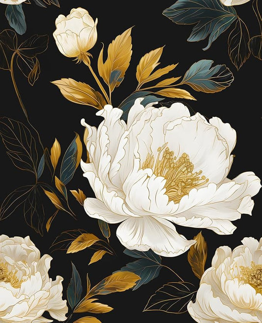 Vintage Dark Floral Wallpaper Peel and Stick, White Peony Flower with Gold Leaf Removable Contact Paper for Bedroom Cabinet Drawer, Boho Botanical Wall Decor Black White Gold 17.5" x 118"