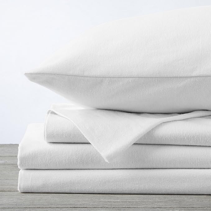 Market & Place 100% Cotton King Flannel Sheet Set | 4 Piece Deep Pocket Solid Cozy Winter Bed Sheets | Double Brushed for Extra Softness & Comfort | Chalet Collection (King, White)