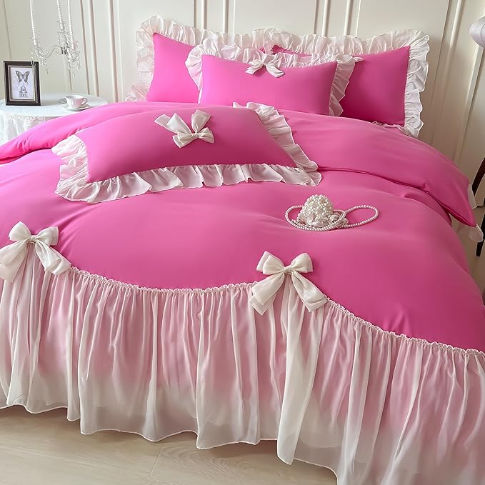 Girls Lace Bedding,Queen Comforter Cover Set, Chic Ruffled Duvet Cover with Lovely Bow,Princess Style 1 Duvet Cover with 1 Pillowcases, No Comforter-Hot Pink,Twin Size