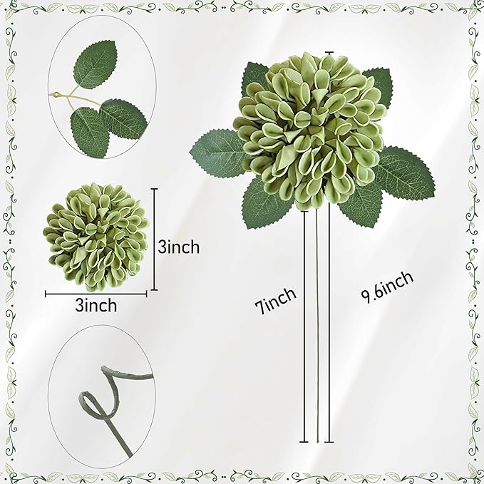 Artificial Flowers, 25pcs Artificial Rose for DIY Wedding Bouquets Centerpieces Arrangements, Elf Green Dahlia Flowers with Stem for Bridal Shower Party Home Decorations