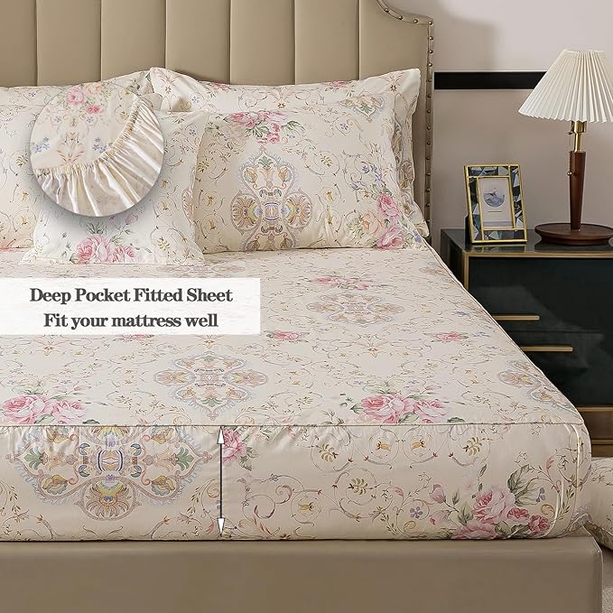 FADFAY 100% Cotton Pink Rose Floral 4-Piece Twin Bed Sheet Set, Soft Breathable Cooling Sheets with Deep Pocket Fitted Sheet, Flat Sheet & Pillowcases, All Season Romantic Vintage Bedding