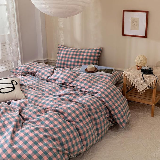 Checkered Comforter Set King Size Purple Pink Plaid Bedding Comforter Cotton Fabric with Microfiber Inner Fill Soft Fluffy Bed Set 3 Pieces Grid Bedding Checkered Pattern Comforter with 2 Pillowcases