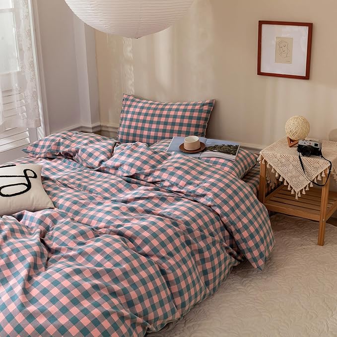 Queen Comforter Set Modern Style Checkered Pattern Comforter Purple Pink Plaid Bedding Comforter Lightweight Fluffy Soft Boho Grid Bedding Geometric Plaid Comforter Set Queen with 2 Pillowcases