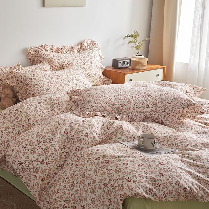 Pink Flower Duvet Cover with Ruffle Pillowcases 100% Cotton Floral Bedding Set Twin Teen Girls Aesthetic Flower Comforter Cover Cottagecore Garden Style Boho Floral Duvet Cover with Zipper Closure