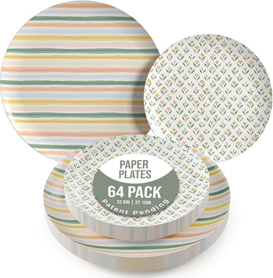 Trendables Heavy Duty Paper Plates Set For 32 Guests - 32 Each Of 8-inch And 10-inch Disposable Plates For Party - Fancy 64 Piece Dinnerware Set For All Occasions | Floral Design, Folk
