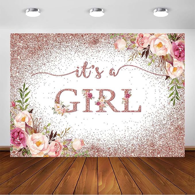 Avezano Rose Gold Baby Shower Backdrop for Girls Party Blush Pink Floral It's a Girl Baby Shower Photography Background Rose Gold Glitters Confetti Decoration Photoshoot Events Banner (8x6ft)