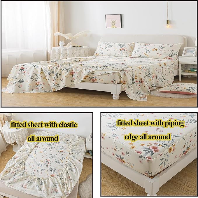 FADFAY Floral Sheets Set Twin Vintage Pink Floral Bedding Shabby Beige Elegant Botanical Sheets Rustic Farmhouse Bedding 800 Thread Count 100% Egyptian Cotton Deep Pocket Fitted Sheet 4Pcs, Twin Size