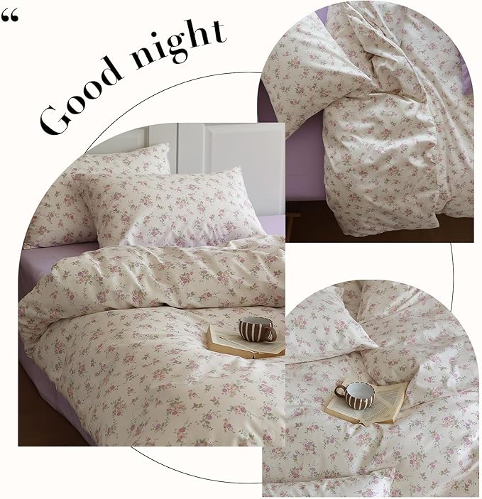 EAVD Botanical Floral Duvet Cover Twin Soft Cotton Chic Shabby Garden Pink Purple Floral Bedding Set with 2 Pillowcases Reversible Vintage Floral Comforter Cover with Zipper Closure