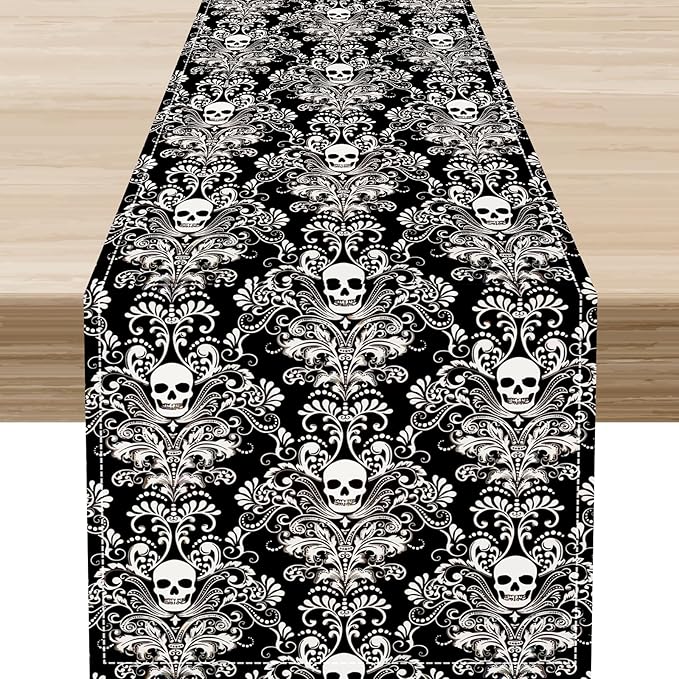 Gothic Table Runner, Black Damask Skull Boho Vintage Art Print Linen Table Center Decor Family Kitchen Outdoor Farmhouse Holiday Party Table Decorations 13x108 inch