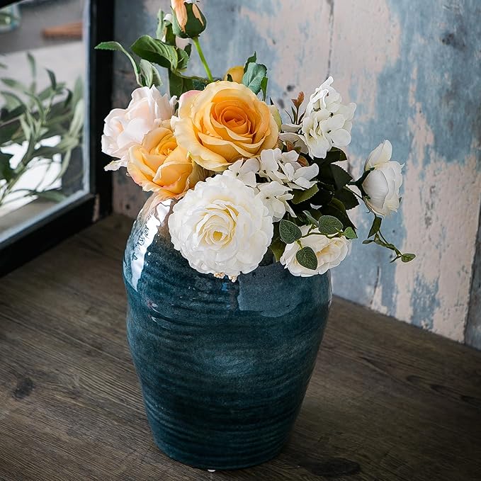 Blue Floor Vase, Ceramic Glazed Large Vase for Modern Farmhouse Home Decor, Rustic Terracotta Pottery, Vintage Clay Vase for Living Room Entryway Centerpiece