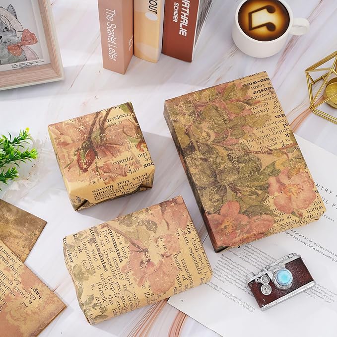 12 Sheet Vintage Floral Wrapping Paper Retro Newspaper Kraft Gift Wrap Bulk Folded Flat Rose Flower Craft Art Paper for Party DIY Wrapping Supplies, 19.7 x 27.6 Inch