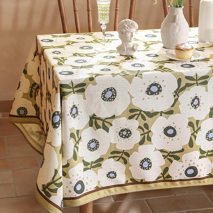 Designer Vintage Square Tablecloth,Linen French Tablecloth with White Floral Pattern,Decorative Table Cover for Kitchen,Dining,Thanksgiving,Tea Party,67" × 67"-Hidaka