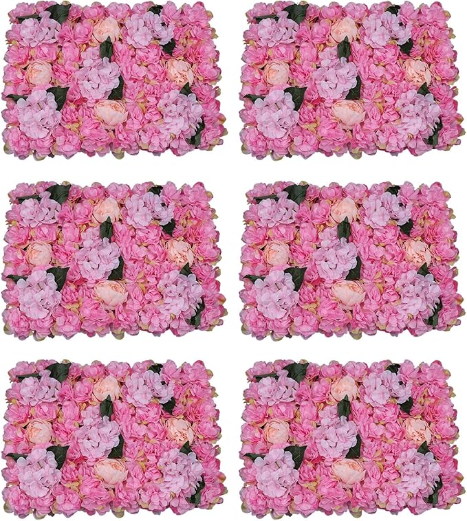 LOYALHEARTDY 6 PCS Artificial Flowers Wall Decoration 24" x 16" Decorative Rose Hydrangea Flower Panels Flower Wall for Home Party Wedding Christmas Festival Photo Backgdrop Decor