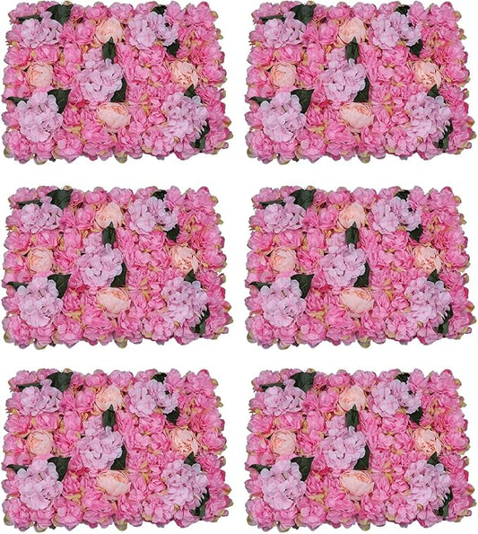 LOYALHEARTDY 6 PCS Artificial Flowers Wall Decoration 24" x 16" Decorative Rose Hydrangea Flower Panels Flower Wall for Home Party Wedding Christmas Festival Photo Backgdrop Decor