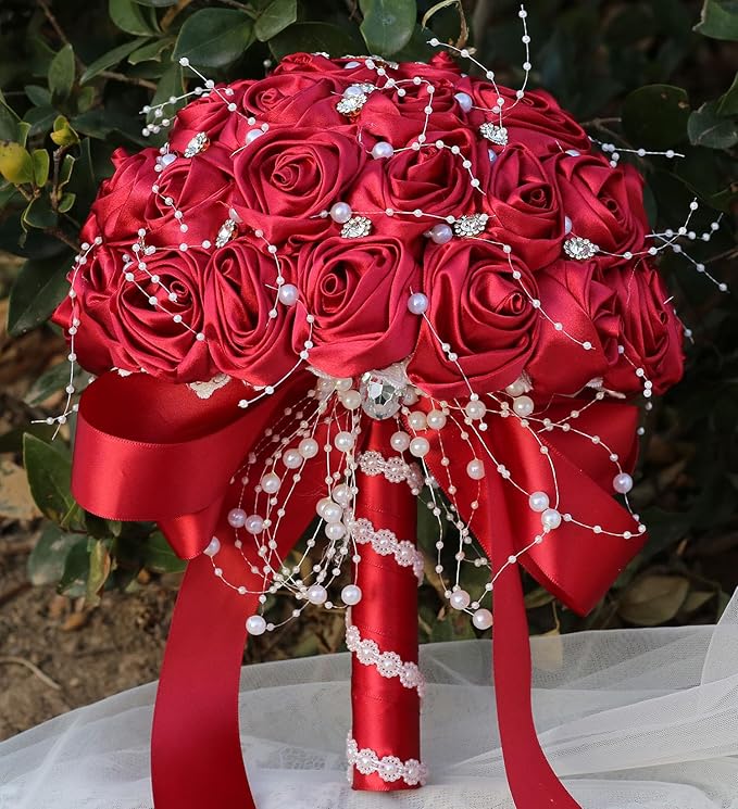 Bridal Wedding Bouquet Round Bling Brooch Bouquet Throw Toss Artificial Rose Flower Bunch for Bride Bridesmaid Wedding Quinceanera(Ruby Red, 7.5")